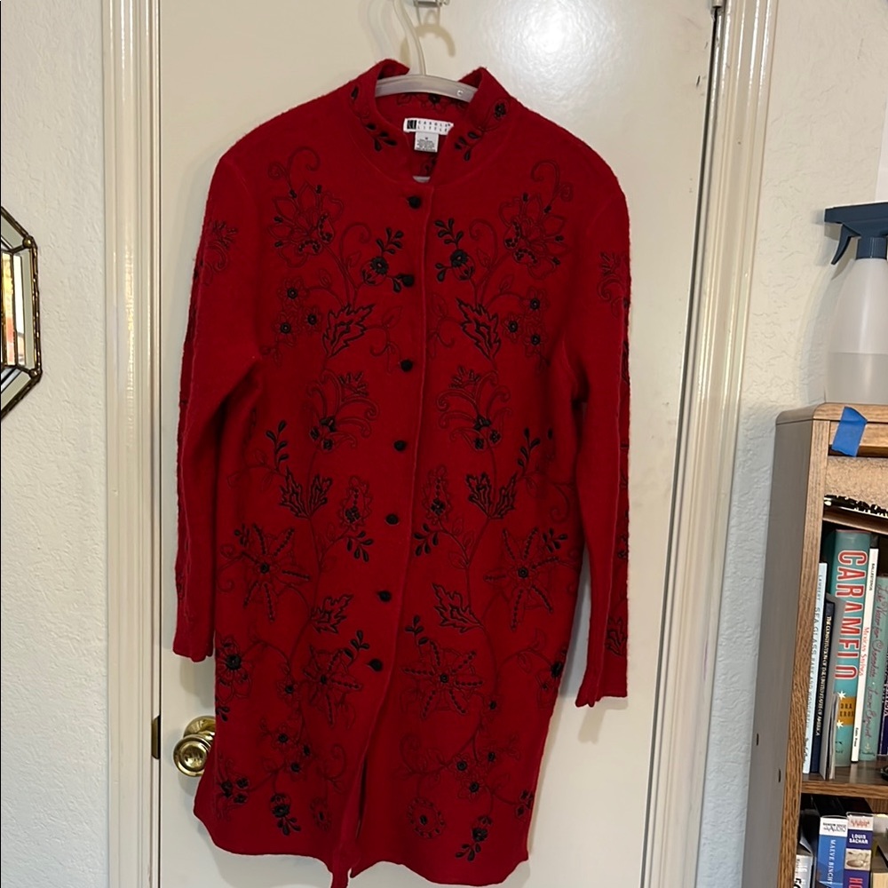 Carol Little  100% Wool Embroidered Long Red Sweater